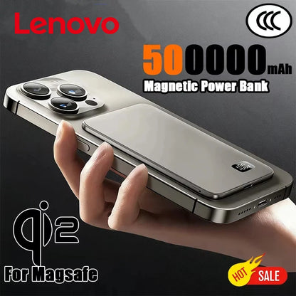 Lenovo Ultra-thin 500000mAh Mobile Power Bank For iPhone Xiaomi For MagSafe Magnetic Wireless Fast Charge Portable LED Display