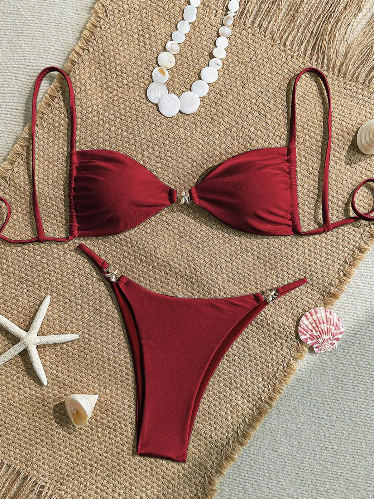 Sexy Solid Color Swimsuit Women' Swimwear 2026 New Bandeau Bikinis Rings Bikini Bandage Beachwear Two Piece Bathing Suit