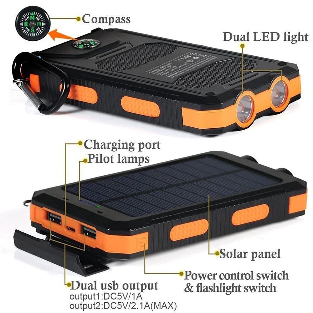 OutdoorVPortable 20000mAh Solar Power Bank External Battery Pack With LED Light Compass USB Output Emergency Backup Power