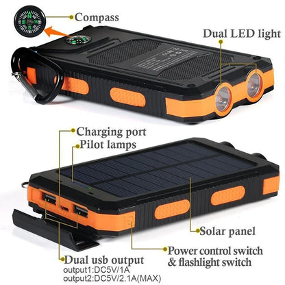 OutdoorVPortable 20000mAh Solar Power Bank External Battery Pack With LED Light Compass USB Output Emergency Backup Power