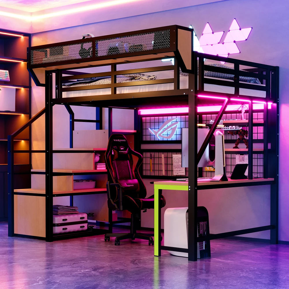 90×200cm & 140*200cm Metal High Bed, with Desk, Shelf and Storage Net, Complete with Safety Ladder, LED Lighting and Socket