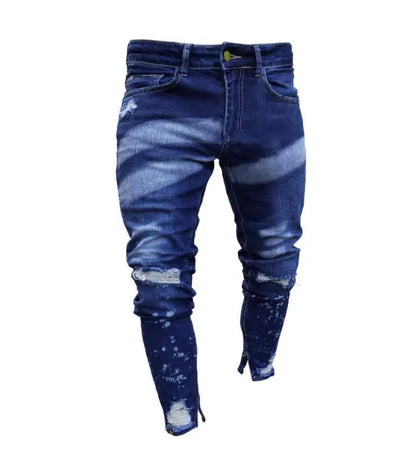 Men Denim Jeans Pencil Pant Vintage Slim Fit High Waist Frayed Hole Wash Trousers Y2k Streetwear Splice Work Casual 2026 Spring
