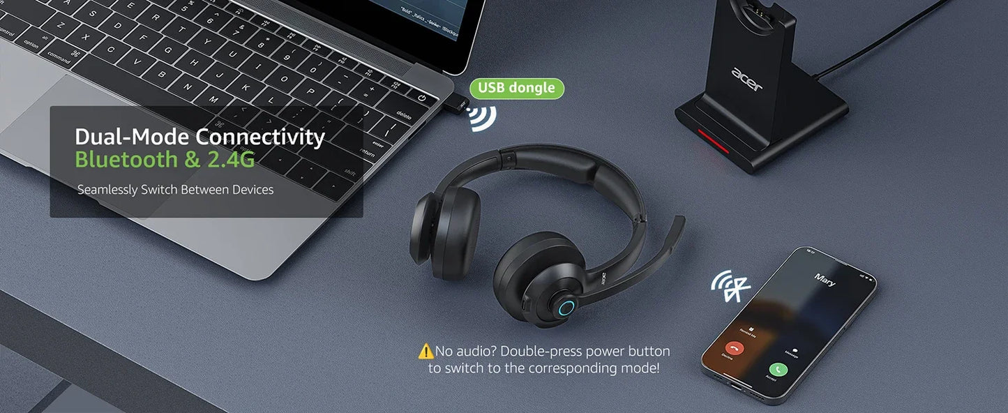 Acer HB02 Wireless Headset with Mic for Work 2.4G Bluetooth 5.3 Dual Mode Headphones USB Dongle for PC Headset for Call Center