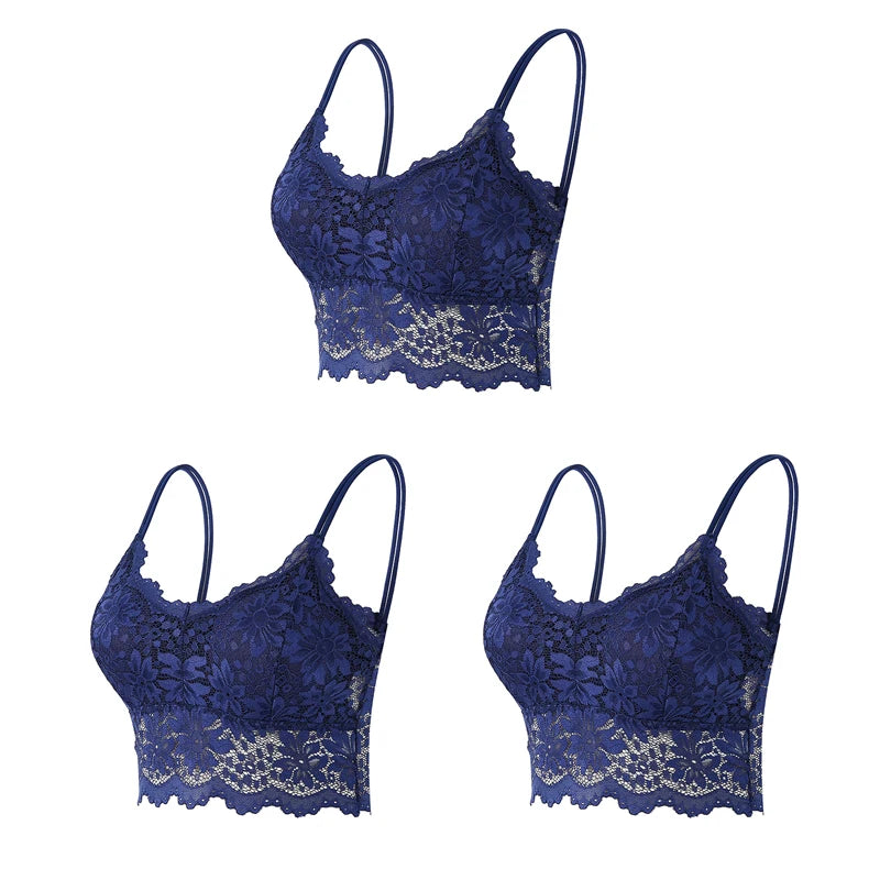 3PCS Women's Lace Bras Top Comfortable Bralette Solid Color Sexy Underwear Vest Female Hollow Out Wireless Lingerie Seamless Bra