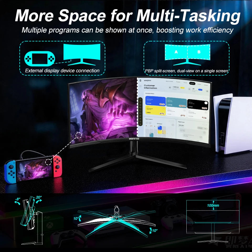 HGFRTEE B340Q Kurvig Gaming-skärm 34" WQHD – VA 3440x1440 165Hz 1500R 21:9 HDR 1ms Matt Yta HDMI