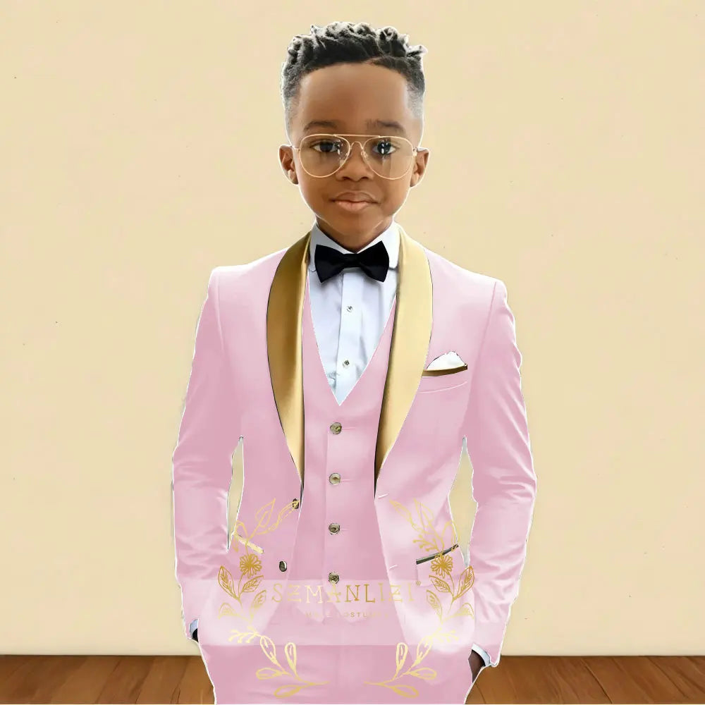 Oil Green Boys Suit 3 Pieces Wedding Tuxedo for Kids Jacket Pants Vest Gold Shawl Lapel Child 2-16 Years Old Customized Outfit
