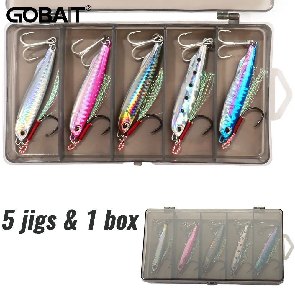 5pcs/box Metal Jig Lures 10g 20g 30g 40g Spinner Sinking Pencil Feather Hook Treble Hooks Pesca Set Fishing Tackle Box Bait Kit