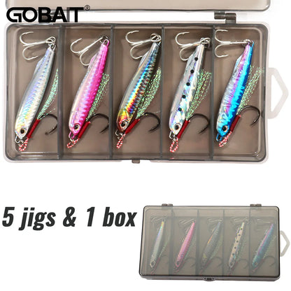 5pcs/box Metal Jig Lures 10g 20g 30g 40g Spinner Sinking Pencil Feather Hook Treble Hooks Pesca Set Fishing Tackle Box Bait Kit