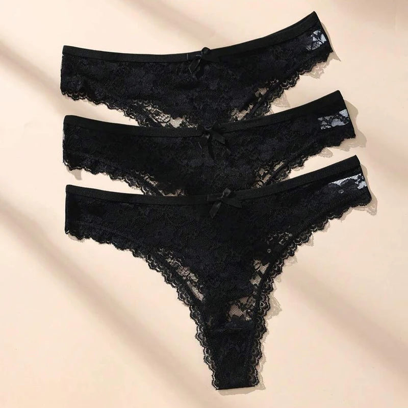 3Pcs Sexy Lace Women Thongs Transparent Women Panties Sexy Underwear Solid Floral G-String Size XS-XL Female Underpants Lingerie