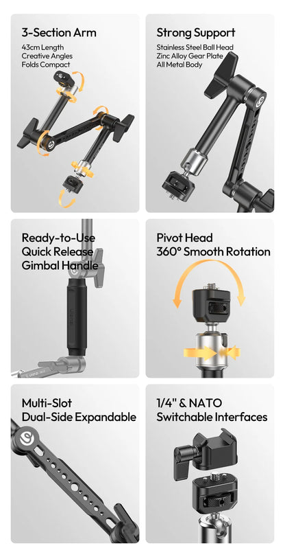 Ulanzi TA10 43cm Magic Articulating Arm with 1/4" 3/8" Screw Hole Mount NATO 3 Section for DSLR Monitor Light Camera Accessories