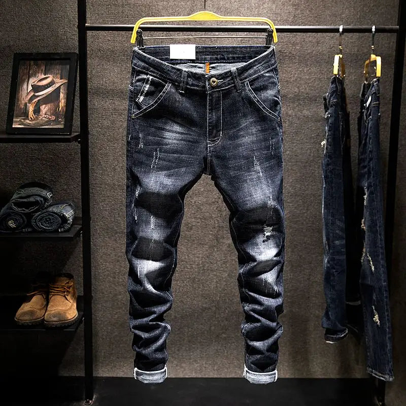 Slitna Slim Jeans för Herr – Elastiska Straight-fit Denim i Koreansk Stil