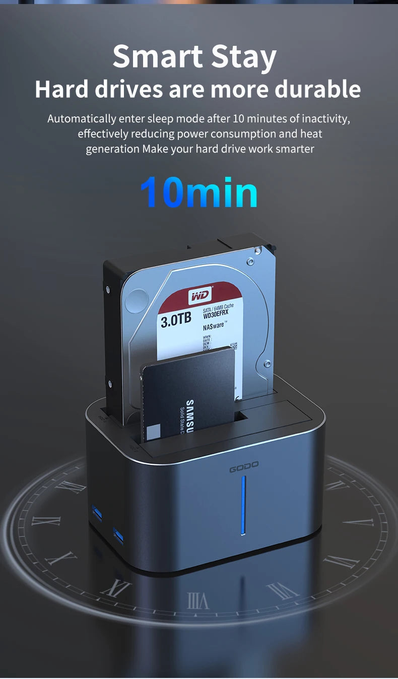 GODO USB 3.0 Dubbel Fack Typ C Hårddiskdocka för 2.5/3.5 tums SATA-enheter