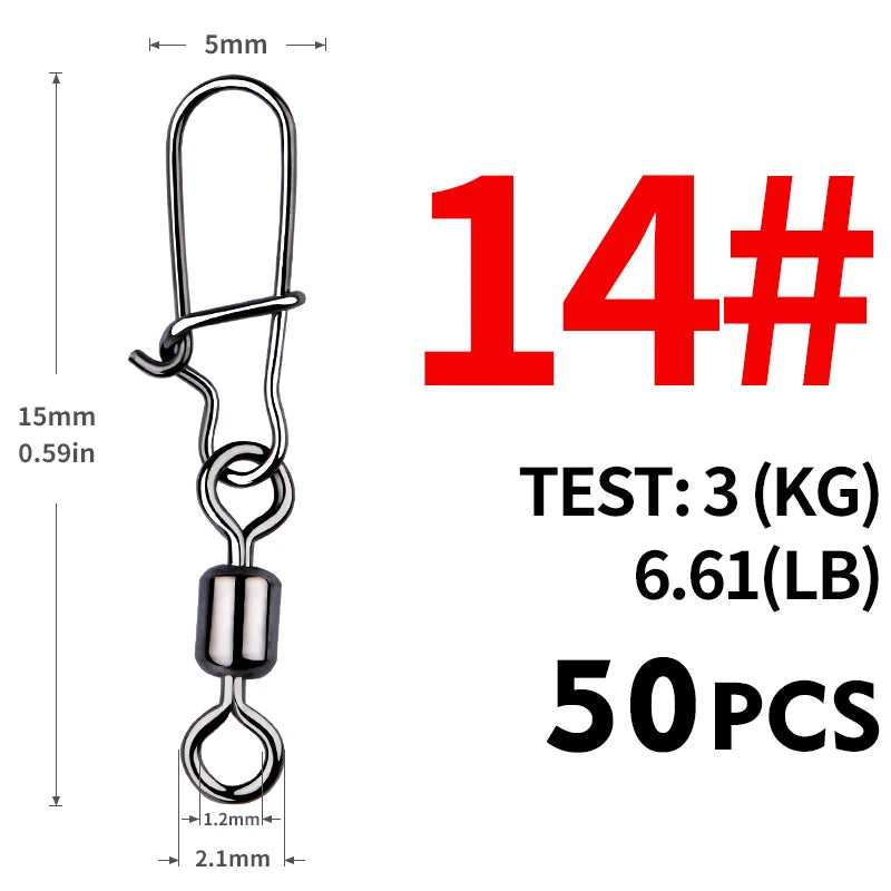 MEREDITH 50PCS Pike Fishing Accessories Connector Pin Bearing Rolling Swivel Stainless Steel Snap Fishhook Lure Swivels Tackle
