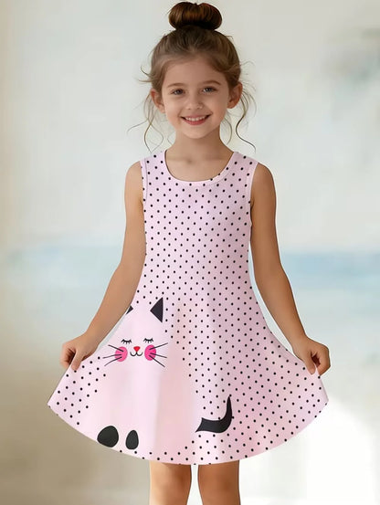 Girl Clothes Cartoon Cat Graphic Printed Girls' Princess Dress Summer Casual Dress for Girls Outfit O-Neck Birthday Gift Clothes