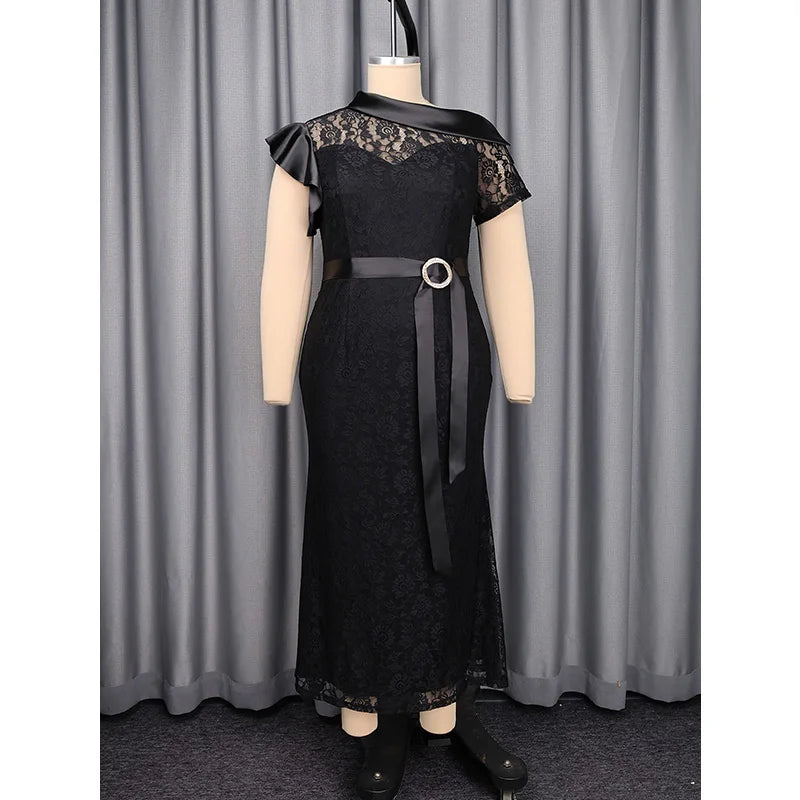 Slergiri Plus Size Black Lace Rhinestone Belt Mermaid Hem Dress Women Elegant Evening Party Gown Ladies Bodycon Long Dresses