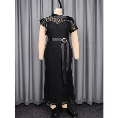 Slergiri Plus Size Black Lace Rhinestone Belt Mermaid Hem Dress Women Elegant Evening Party Gown Ladies Bodycon Long Dresses