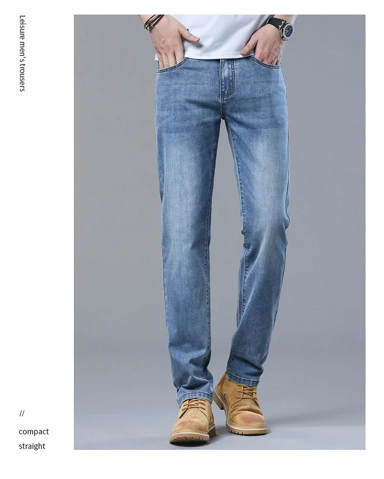 Spring and Summer Thin Men's Light Blue Slim Jeans Stylish Casual Stretch Fabric Denim Pants Classic Trousers Smoke Gray