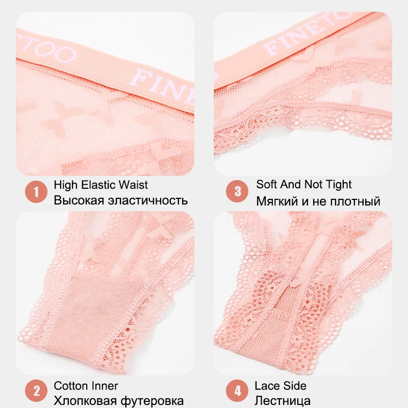 FINETOO Sexy Lace Thong Panties for Women Floral Low Waist Hollow Out Transparent G-String Solid Color Comfort Female Lingerie