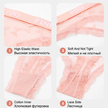 FINETOO Sexy Lace Thong Panties for Women Floral Low Waist Hollow Out Transparent G-String Solid Color Comfort Female Lingerie