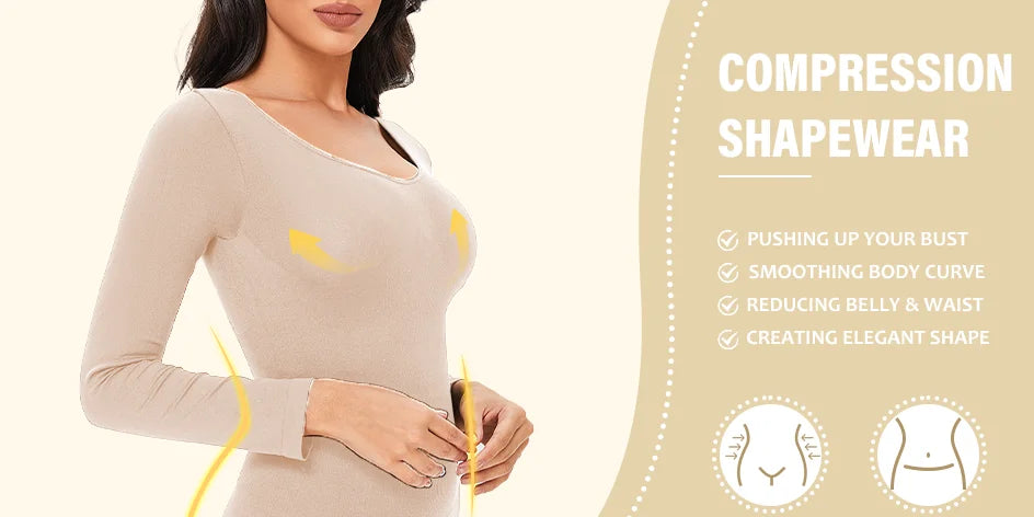 POKARLA Spandex Elastic Body Suit Shapewear Women Body Shaper Tummy Control Long Sleeve Open Crotch Round Neck Seamless Shapers