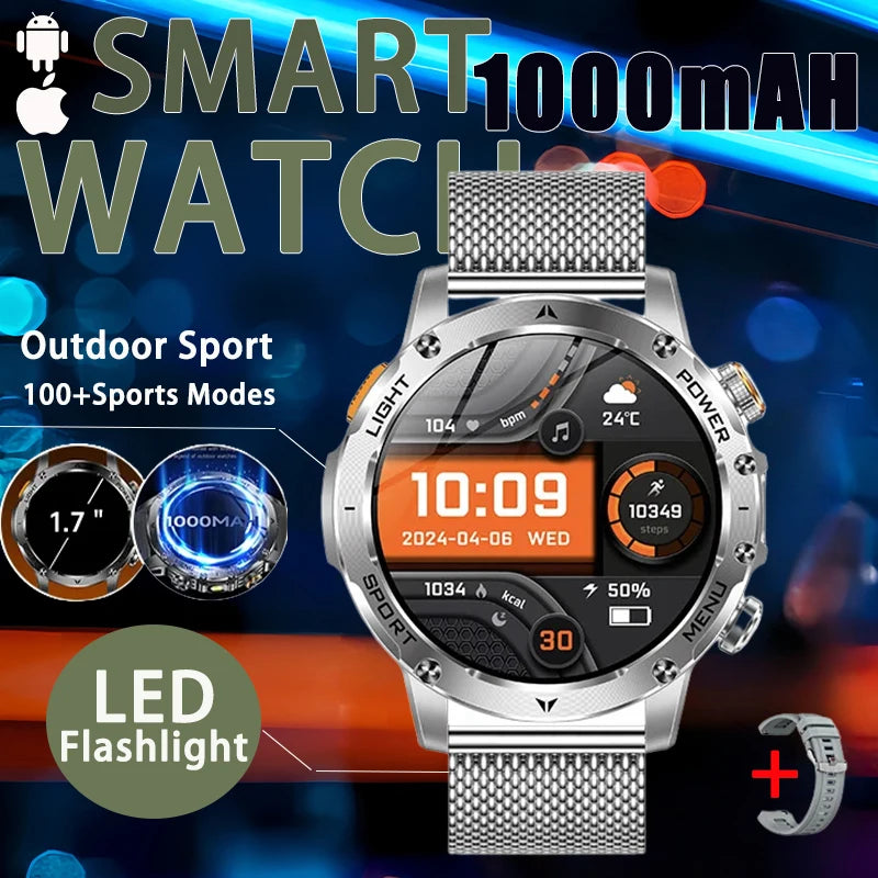 2026 New Men's GPS Outdoor Sports Smart Watch AMOLED Screen NFC Flashlight Heart Rate Monitor Waterproof Bluetooth Call 1000mAh