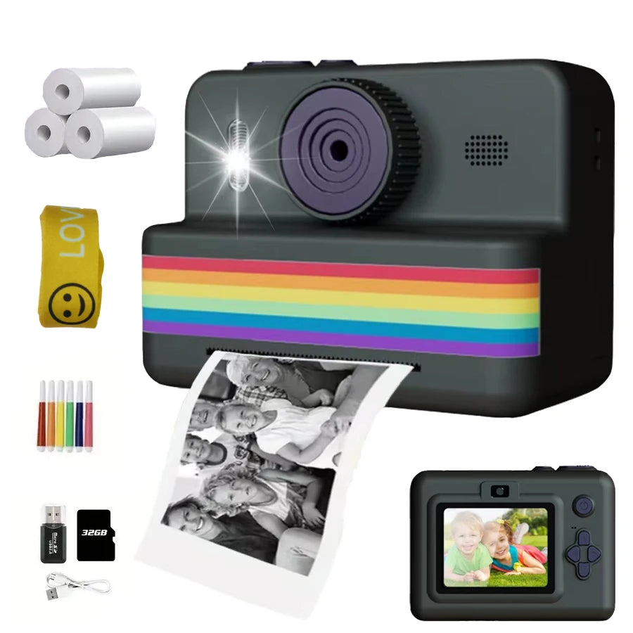 2.8-inch screen instant printing toy camera with 32GB SD card, 3 rolls of printing paper, portable high-definition camera, insta