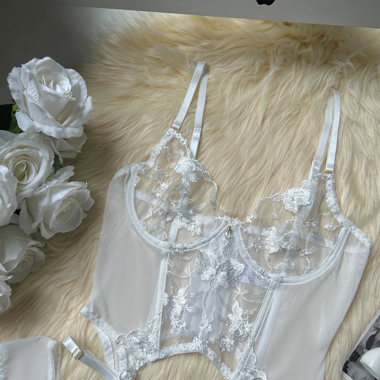 Floral Embroidered Boned Corset Lingerie Set Sheer Mesh Underwire Bustier Garter Straps Waist Cincher Romantic Night Clubwear