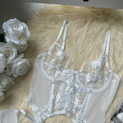 Floral Embroidered Boned Corset Lingerie Set Sheer Mesh Underwire Bustier Garter Straps Waist Cincher Romantic Night Clubwear