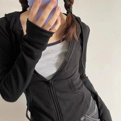 Cropped Hooded Zip-Up Jacket Women Autumn New Slim Long Sleeve Sweatshirts Female Solid Streetwear Sports Hoodies Ropa De Mujer