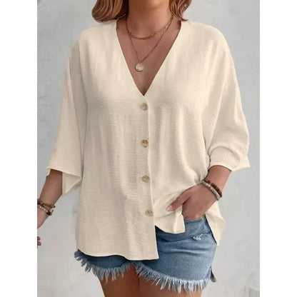 Plus-size Women's T-shirt Solid Color Breathable Spring/summer V-neck Button Travel Casual Wear with European and American Style