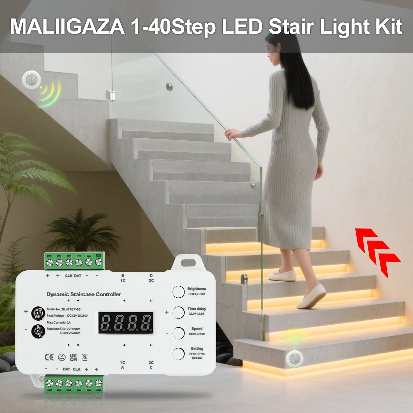 LED Trappbelysning med Rörelsesensor – COB LED, 24V, 1–40 Steg, 3 Ljusfärger, Transformator Ingår