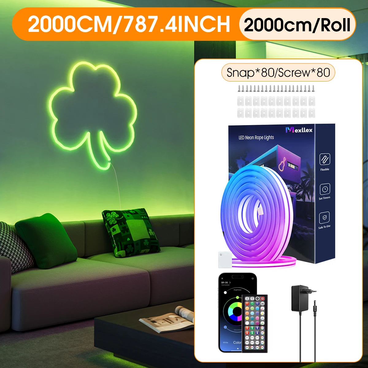Flexibel LED Neon-slinga – RGB, IP65, App & Fjärr, Musiksynk, 24V, EU-kontakt, 5–30M