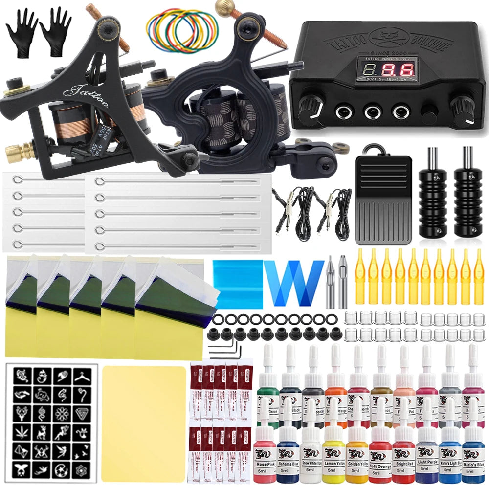 Coils Tattoo Machine Kit Power Supply with Tattoo Needles Ink Accessories Set for Tattoo Body Art Tool Permanent Makeup Kit