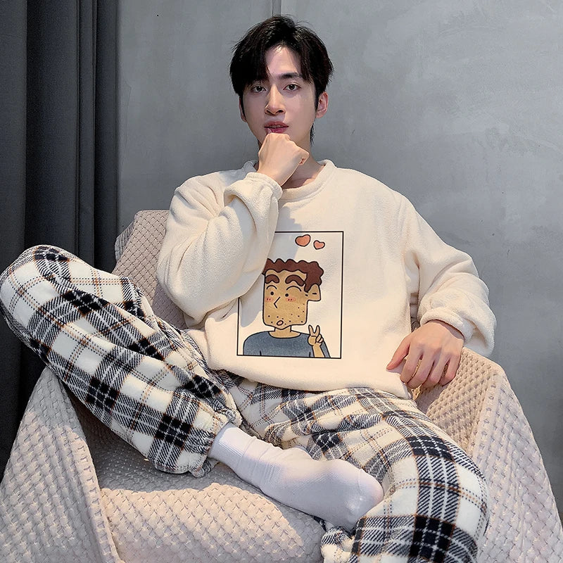 Kawaii Crayon Shin-Chan Couple Pajamas Set New Men's/women's Fashion Casual Pajama Plush Coral Fleece Winter Cartoon Homeclothes