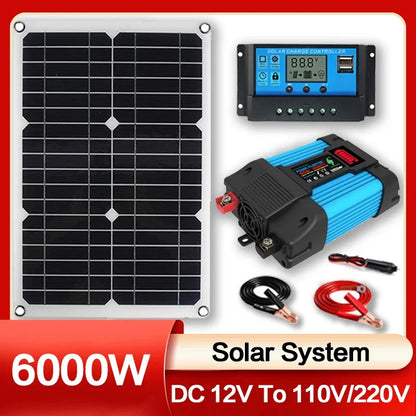Komplett Solkraftsystem 4000W/6000W – 20W Monokristallin Solpanel + Modifierad Sinusvåg Inverter 110V/220V + 30A PWM-regulator 12V/24V