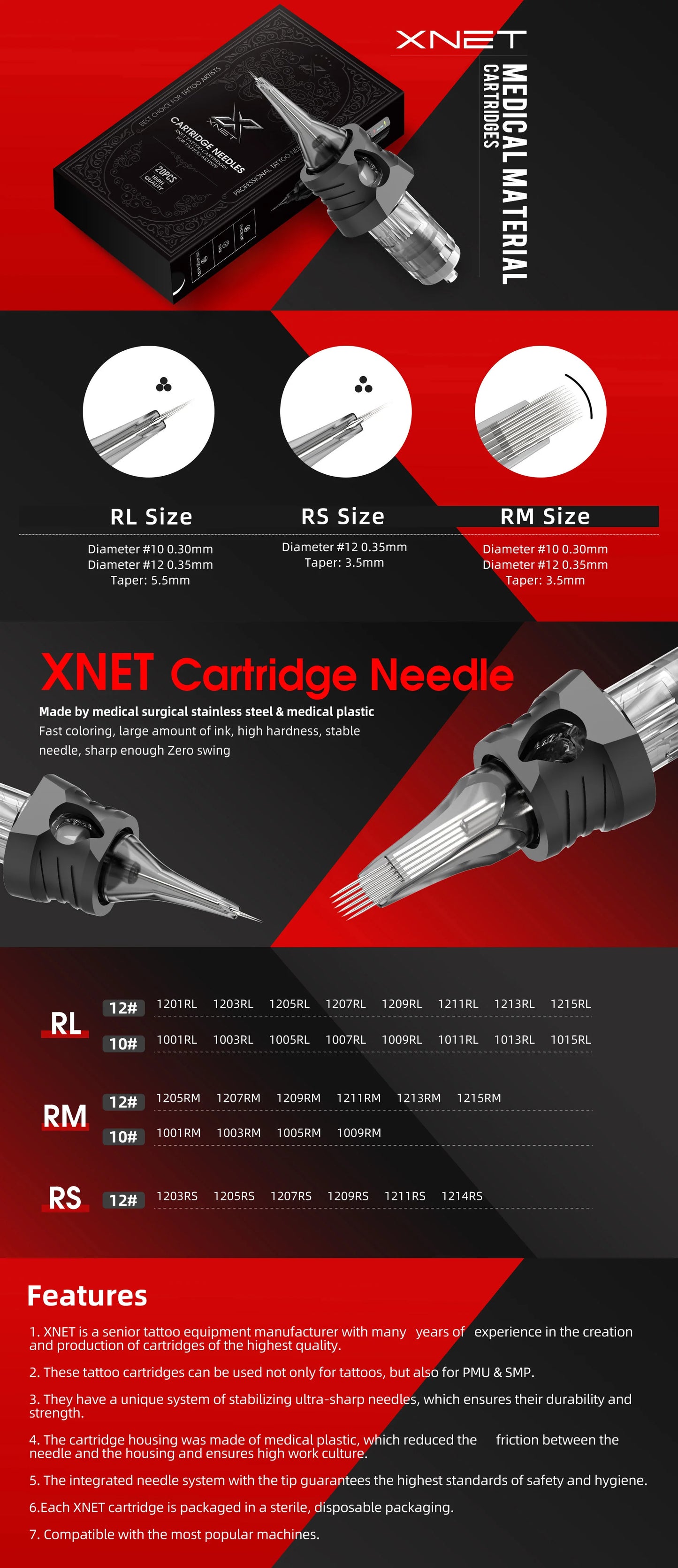 XNET Aurora Cartridge Tattoo Needles RL/RM/RS Disposable Silicone Sterilized Safety Tattoo Needles for Tattoo Machine Grip 20pcs