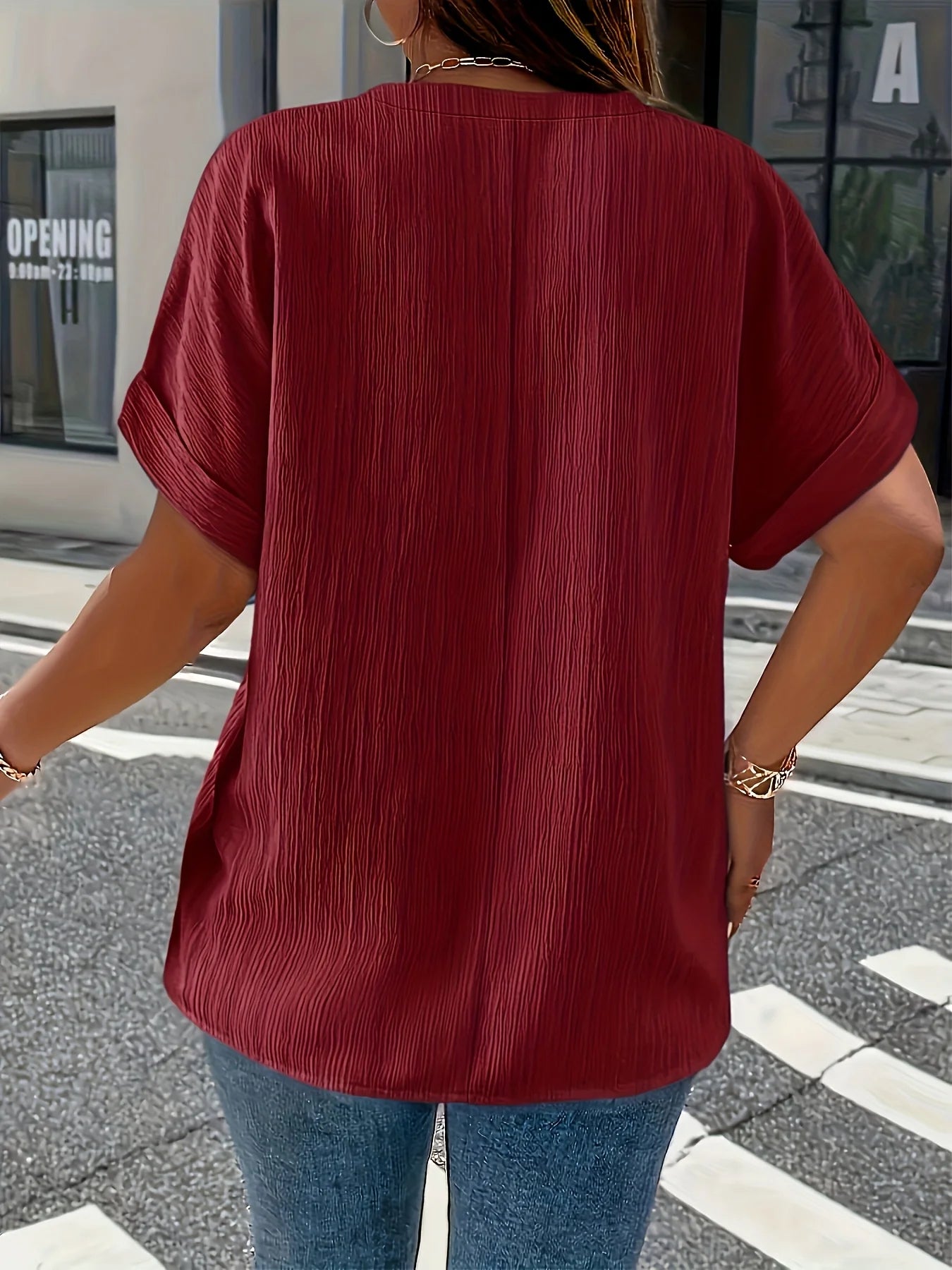 Dam Plus Size Krinklad Blus – Kortarm Knappdetalj Avslappnad Casual Året Runt, 10 Färger 1XL–5XL