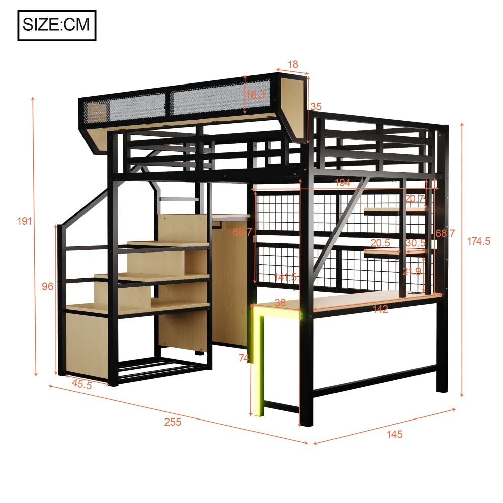 90×200cm & 140*200cm Metal High Bed, with Desk, Shelf and Storage Net, Complete with Safety Ladder, LED Lighting and Socket