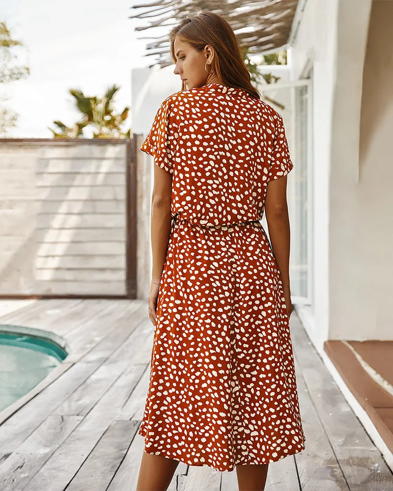 Vintage Blommig Boho Skjortklänning – Kortärmad, Lång, Nedvikt Krage, Skärp, 6 Färger, S–XL