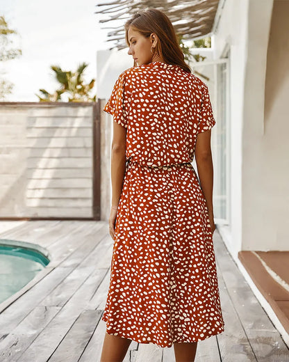 Vintage Blommig Boho Skjortklänning – Kortärmad, Lång, Nedvikt Krage, Skärp, 6 Färger, S–XL