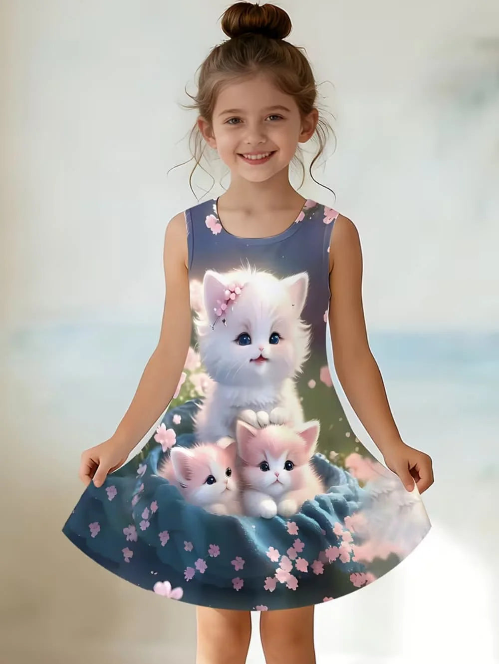 Girl Clothes Cartoon Cat Graphic Printed Girls' Princess Dress Summer Casual Dress for Girls Outfit O-Neck Birthday Gift Clothes