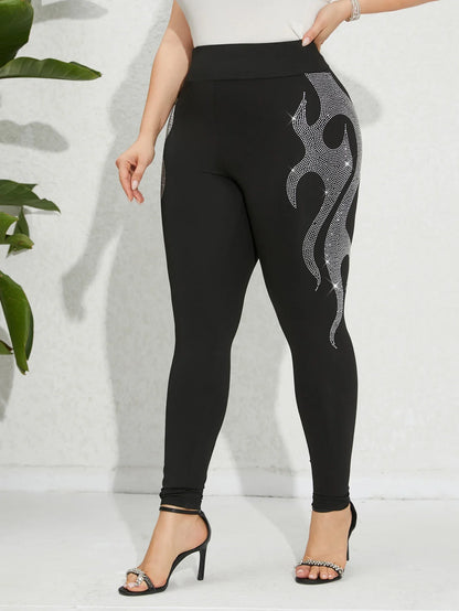 Plus Size Women's Leggings Rhinestone Flame Design Knit Fabric High Elasticity Trousers Comfortable Stylish Female Bottoms