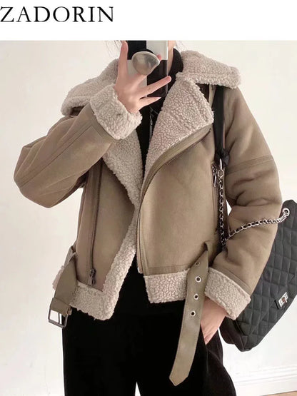 Varm Lammskinnsjacka Dam – Kort Motorcykelstil, Faux Shearling, Mocka, 2 Färger, XS–XL