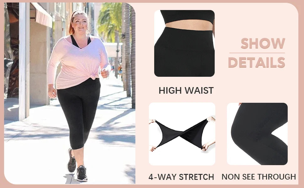 Plus Size Capri Leggings High Waist Tummy Control Stretchy Yoga Workout Women's Plus Size Pull on Stretch Capri Pants High Waist