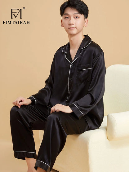 Fimtairah Real 19MM 100% Mulberry Silk Pajamas Men's Autumn  Hangzhou Solid Color heavy Silk Home Wear Men's