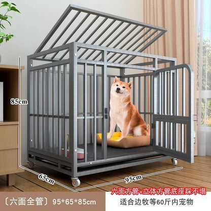 Heavy Duty Square Tube Dog Cage for Medium Large Dogs Indoor Metal Kennel with Toilet Tray Foldable Iron Pet Crate Furniture
