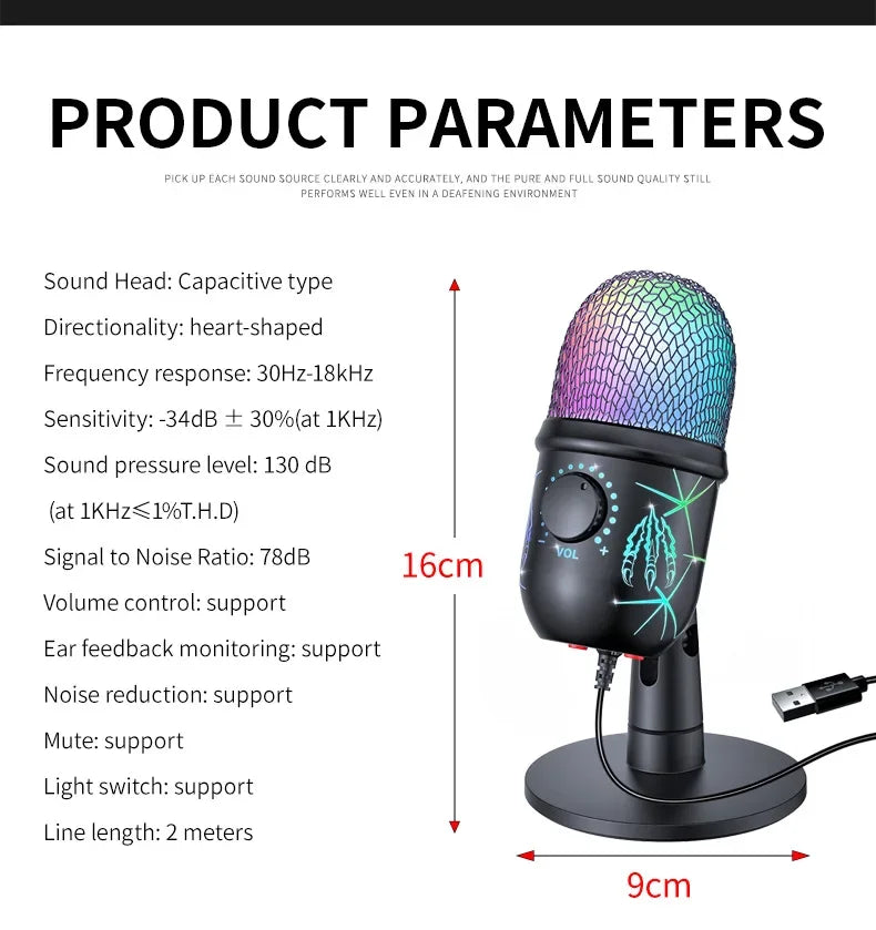 RGB Condenser Microphone with Breathing Light Desktop Mic Stand for Laptop PC Live Streaming Video Conference Online Game