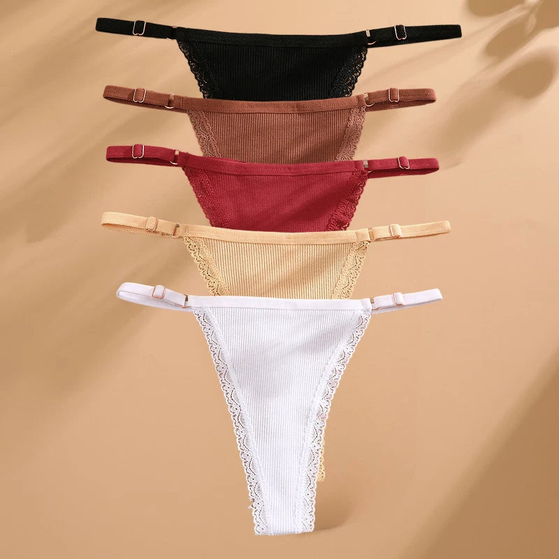 FINETOO 5PCS/Set Sexy G-string Panties Cotton Women's Underwear Adjustable Waist Girl Female Pantys Bikini Lady Thongs Lingerie