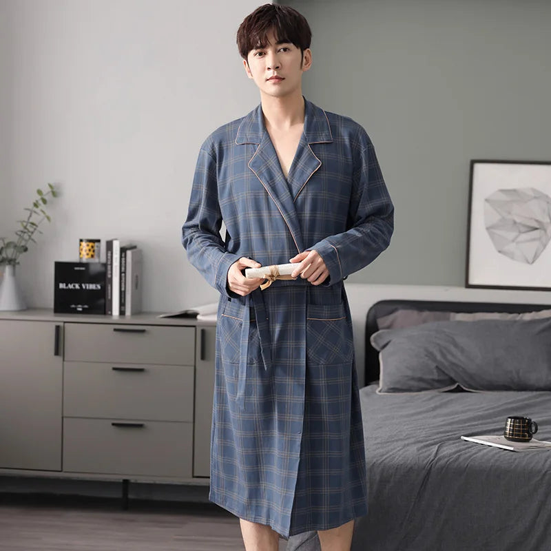 Herr Badrock Lång Kimono – 100% Bomull Rutig Höst, 6 Motiv M–4XL