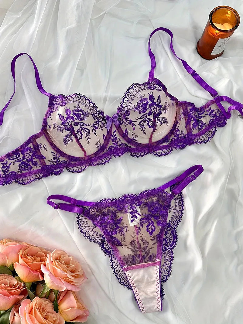 Conjunto Lencería Bordado Floral Transparente Aro Rejilla Copa Fina Sujetador Push Up Estilo Puro Deseo Ropa Interior Mujer S-XL